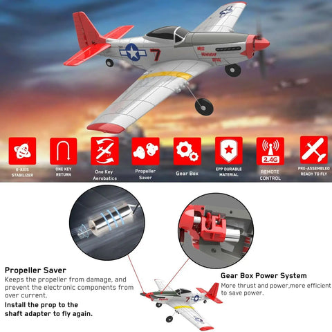 Remote Control Warbird Plane With Four Channel Flight For Outdoors Ready To Fly RTF One Key Aerobatic Control EPO Wingspan Long Range Up To 656 Feet Gearbox Power For Extra Thrust And Longer Flights, illustrated with highlighted features like propeller saver and gearbox power system, set against a sunset sky.