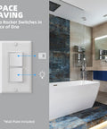 Dual Decorator Double Rocker Light Switch With Two Single Pole Paddles, 15A 120V In Wall On Off, installed in modern bathroom.