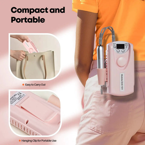 Compact and portable powerful electric nail drill kit with 13 drill bits and 50 sanding bands for at home salon use low noise