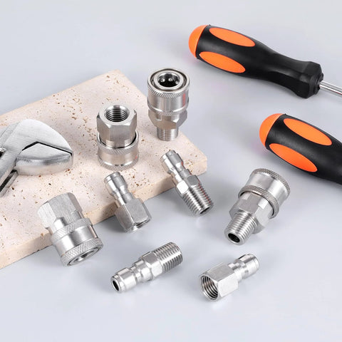 Stainless steel pressure washer quick-connect fittings set, 1/4 in NPT, male and female threads