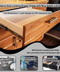 Heavy Duty Side Mount Locking Drawer Slides With Full Extension, 1 Pair, Smooth Ball Bearing Action For RV Cabinets, Trucks, And Industrial Drawers, No Hassle Install And Unobstructed Access To Back Items, open full-extension drawer in RV cabinet