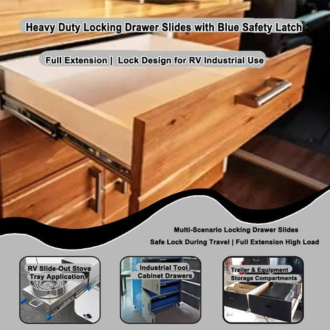 Heavy Duty Side Mount Locking Drawer Slides With Full Extension, 1 Pair, Smooth Ball Bearing Action For RV Cabinets, Trucks, And Industrial Drawers, No Hassle Install And Unobstructed Access To Back Items, open full-extension drawer in RV cabinet