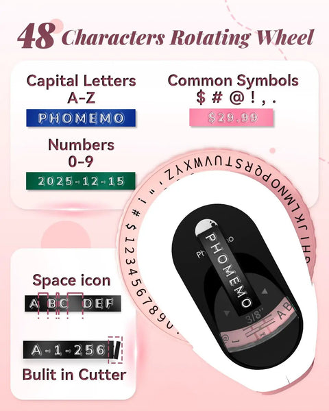 Vintage Embossing Label Maker With Six Adhesive Tape Rolls Manual Typewriter Style Sticker Gun showcasing 48 character rotating wheel.