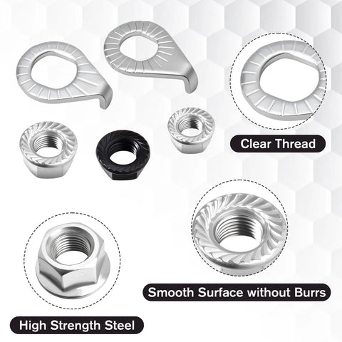 24 Piece Bike Wheel Flanged Axle Nut Kit With 12 Nuts And 12 Safety Washers M8 M9.5 M10 For Front And Rear Wheel Hubs Black And Silver Bicycle Hub Parts showing smooth surface and clear thread details.