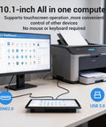 10.1 Inch Fanless Industrial Touchscreen Computer Featuring Slick RK3399 Hexa Core Processor, Android 12 Rugged Panel PC on desk with monitor and printer.