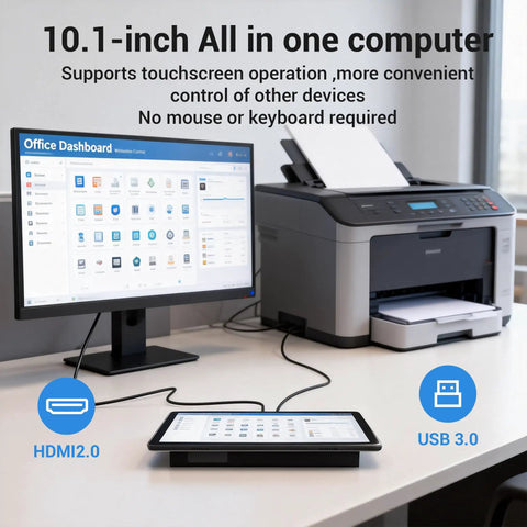 10.1 Inch Fanless Industrial Touchscreen Computer Featuring Slick RK3399 Hexa Core Processor, Android 12 Rugged Panel PC on desk with monitor and printer.