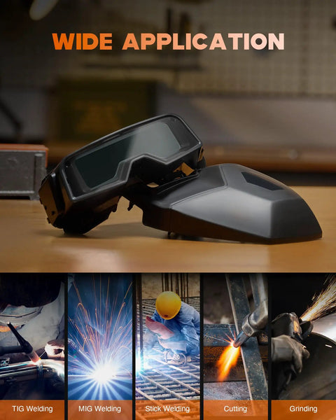 True Color Auto Darkening Welding Goggles Shade 4/5-9/9-13 With Grind Mode For TIG MIG ARC Plasma Cutting displayed on table