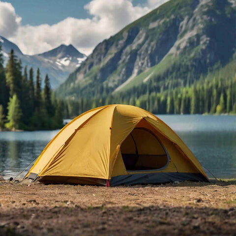 Yellow tent pitched by a mountain lake with forest and mountains in the background under a cloudy sky.