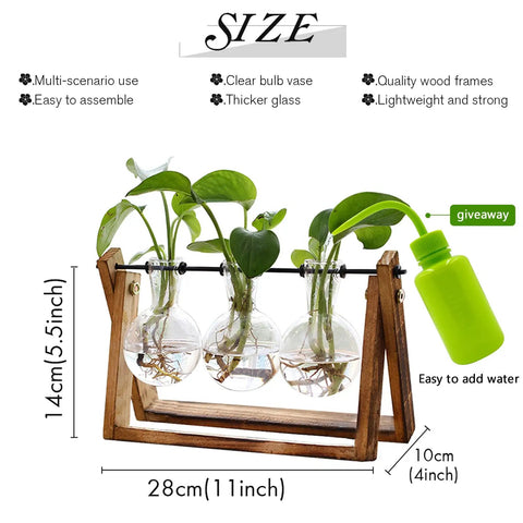 Terrarium Plant Display With Wooden Stand And Glass Bulb Vases, Vintage Metal Swivel Holder For Desktop, 3 Bulb Vase