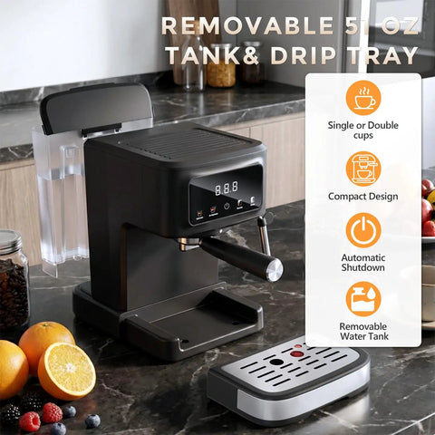 Compact Espresso Machine With Automatic Milk Frother And Led Touch Display, 15 Bar Coffee Maker For Bold Lattes And Rich Cappuccinos on kitchen counter with removable 51 oz tank.