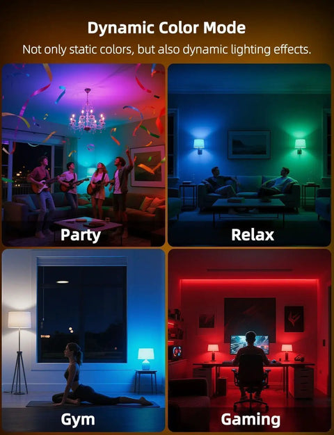 Dynamic color modes of Color Changing E12 LED Bulbs with remote, showcasing party, relax, gym, and gaming settings.