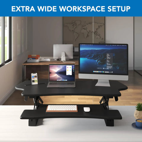 Standing Desk Converter 48 Inch Wide Sit Stand Desk Riser with Dual Monitors, Keyboard Tray, Black