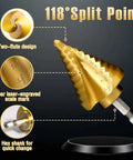 Front view of gold titanium step drill bit with laser-engraved size marks and hex shank.