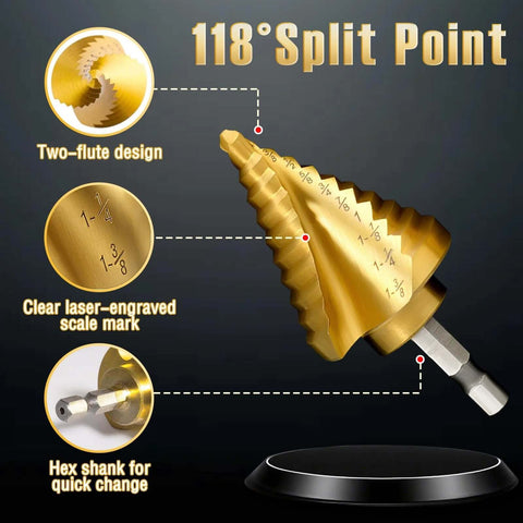 Front view of gold titanium step drill bit with laser-engraved size marks and hex shank.