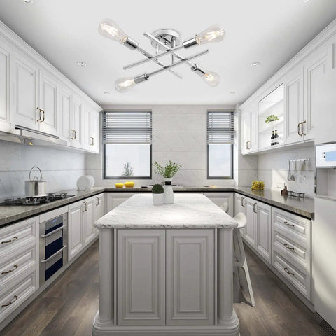 Semi Flush Mount 4 Light Sputnik Chandelier For Kitchen Island Living Room Dining Room Bedroom Hallway Dope With E26 Base Matte Black Finish Modern Rustic Farmhouse Ceiling Light in modern kitchen.