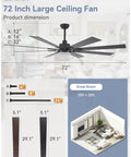 Huge 72 Inch Ceiling Fan With Lights And Remote For Indoor Outdoor Use Black Modern Design with size dimensions and downrods
