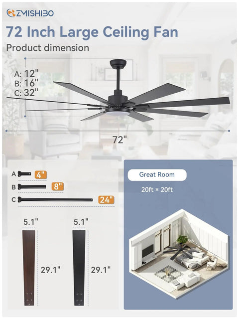 Huge 72 Inch Ceiling Fan With Lights And Remote For Indoor Outdoor Use Black Modern Design with size dimensions and downrods