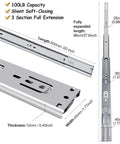 Heavy Duty 20 Inch Soft Close Drawer Slides With Ball Bearing Full Extension, Side Mount, 100 Lb Capacity, 4 Pairs For Cabinets, Whisper Quiet Closing, Durable Steel Construction, Easy Install, Three Fold Design, silver steel slide shown with dimensions