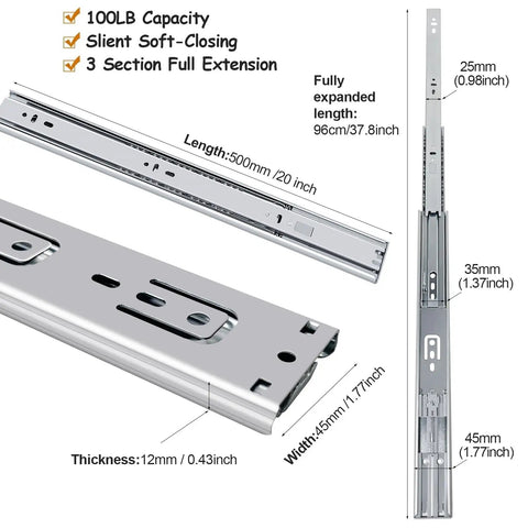 Heavy Duty 20 Inch Soft Close Drawer Slides With Ball Bearing Full Extension, Side Mount, 100 Lb Capacity, 4 Pairs For Cabinets, Whisper Quiet Closing, Durable Steel Construction, Easy Install, Three Fold Design, silver steel slide shown with dimensions