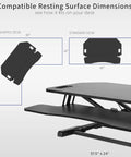 Diagram showing Extra Wide 38 Inch Corner Desk Converter With Height Adjustable Sit To Stand Riser dimensions on L-shaped and standard desks.