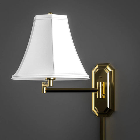 Polished Brass Wall Swing Arm Lamp with Off White Fabric Shade Delivers Classic Vibe and Traditional Style 15 Inch Height