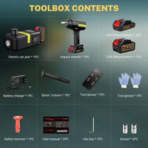 E-HELP 5 Ton Cordless Electric Car Jack Kit With Impact Wrench And Dual Lithium Batteries components including charger, gloves, and socket.