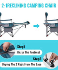 2 In 1 Reclining Camping Chair With Footrest And Adjustable Backrest Four Positions Lightweight Heavy Duty Outdoor Lounge Chair For Adults Foldable Camp Chair For Campsites And Beaches, showing footrest detachment steps