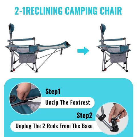 2 In 1 Reclining Camping Chair With Footrest And Adjustable Backrest Four Positions Lightweight Heavy Duty Outdoor Lounge Chair For Adults Foldable Camp Chair For Campsites And Beaches, showing footrest detachment steps