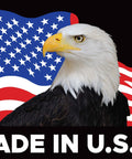 Bald eagle in front of an American flag with text 'Made in U.S.A.' at the bottom.