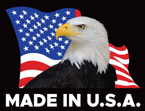 Bald eagle in front of an American flag with text 'Made in U.S.A.' at the bottom.