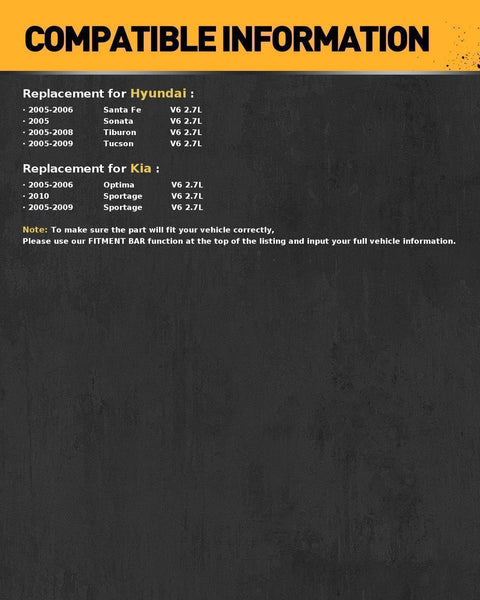 Compatibility information for Replacement Alternator For 2005 2006 Hyundai Sonata Tiburon And Kia 2.7L 12V 120Amp