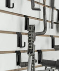 25 Pack Slatwall Hooks Hangers Heavy Duty J Shaped Slatwall Panel Hooks Metal Slat Board Hook for Garage Organization installed