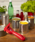No-Touch Can Opener With Ring-Pull Tool And Auto Safety LidLifter Smooth-Edge Side-Cut Design For Safe Lid Removal Easy-Turn Handle Swiss Engineered Red on cans