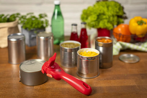 No-Touch Can Opener With Ring-Pull Tool And Auto Safety LidLifter Smooth-Edge Side-Cut Design For Safe Lid Removal Easy-Turn Handle Swiss Engineered Red on cans