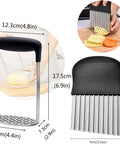 Front view of stainless steel potato masher with black handle and perforated stand.