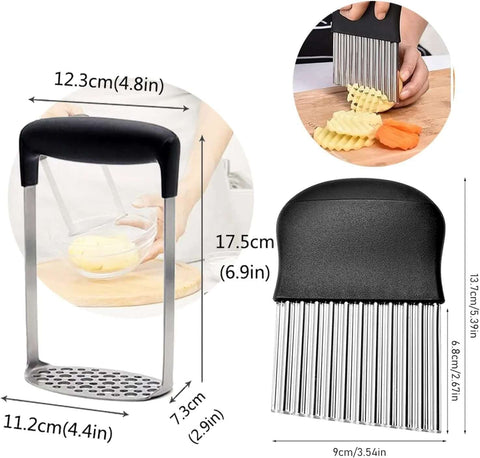 Front view of stainless steel potato masher with black handle and perforated stand.