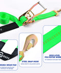 Heavy Duty Car Trailer Tie Down Straps With Snap Hooks And Ratchet Straps, highlighted Cordura wear pad and steel snap hook.
