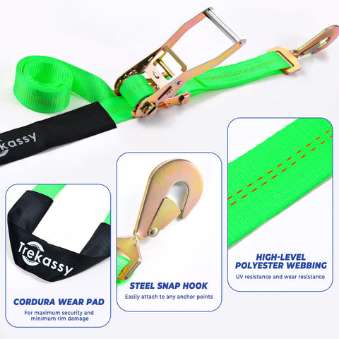 Heavy Duty Car Trailer Tie Down Straps With Snap Hooks And Ratchet Straps, highlighted Cordura wear pad and steel snap hook.