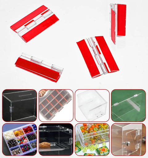 Clear Acrylic Self Adhesive Hinges 2.5 By 1.5 Inch 4 Pack For Crafts Aquarium Lids And Furniture Transparent Continuous Piano Hinge For Easy DIY Repairs And Quick Mounting, shown in various uses and installation examples