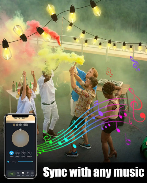 App Remote Solar String Lights 50Ft Waterproof Edison Bulbs For Balcony Or Umbrella in a music-synced party scene