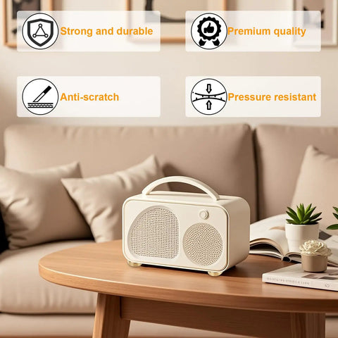 Stylish portable speaker on a wooden table in cozy living room setting, with text highlighting strong, durable, premium quality features.