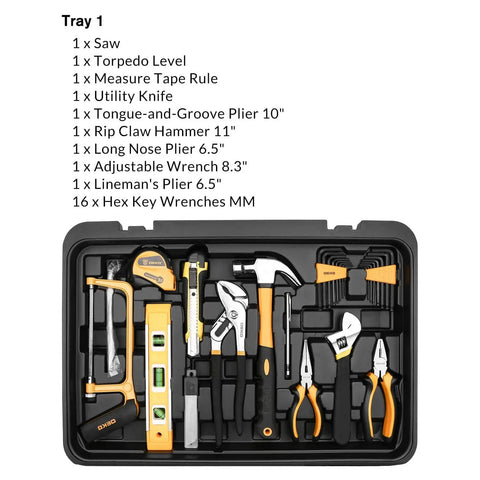 All In One 258 Piece Tool Kit With Rolling Tool Box And Socket Wrench Set Portable Mechanic Case Boss Grade Chrome Plated Steel Hand Tools Includes Ratchets Pliers Screwdrivers Bits And More For Home Auto Repair, showing Tray 1 with various tools including pliers, saw, level, utility knife, and wrenches.