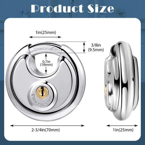 Keyed Alike Disc Padlocks Set, Beefy Stainless Steel Locks With Shared Key, 2 3/4 Inch Wide Shackle 3/8 Inch, front and side view