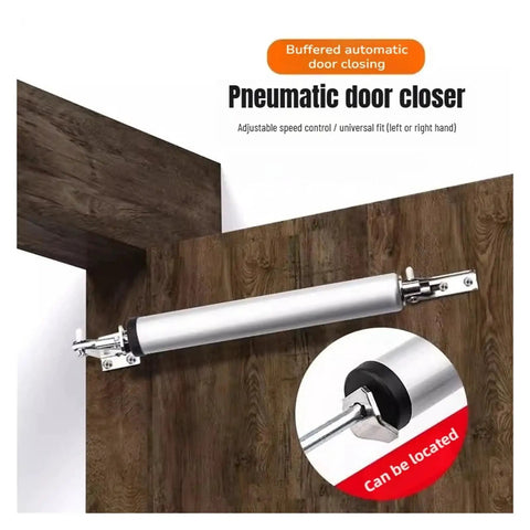 Automatic Door Closer With Adjustable Speed And Quiet Mute, Protective Holder, Pneumatic Soft Close System shown on wooden door