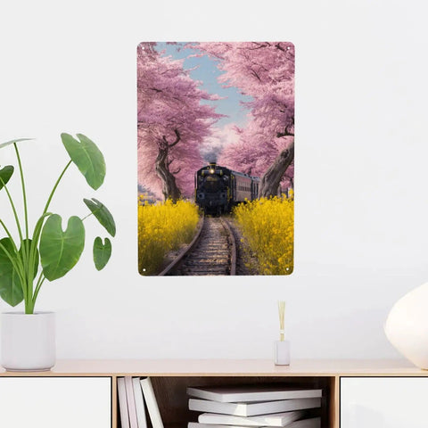 Vintage Steam Train Tin Sign With Cherry Blossom Tunnel And Yellow Wildflowers, 8x12 inch metal plaque on wall