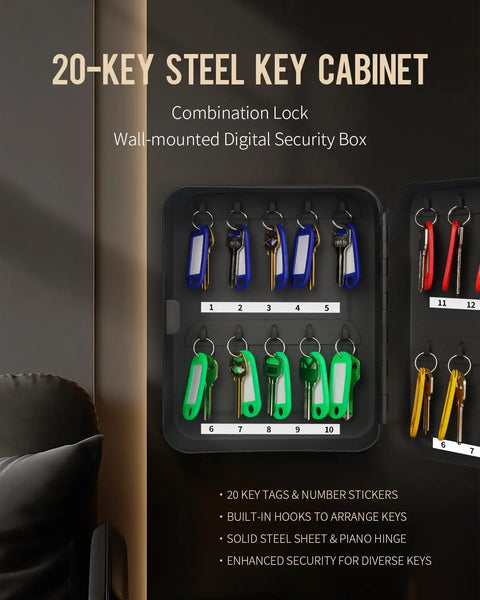 Heavy Duty Steel Key Wall Cabinet With Twenty Spaced Out Hooks And Three Digit Combo Lock Keep Your Spare Keys Safe And Sound For Home Office Or Rental Property Indoors Black with organized keys.