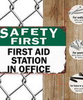 First Aid Station Aluminum Sign 8x12 Inches Dope Wall Decor For Office showing mounting options on fences and walls