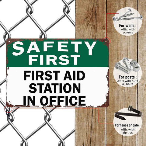 First Aid Station Aluminum Sign 8x12 Inches Dope Wall Decor For Office showing mounting options on fences and walls