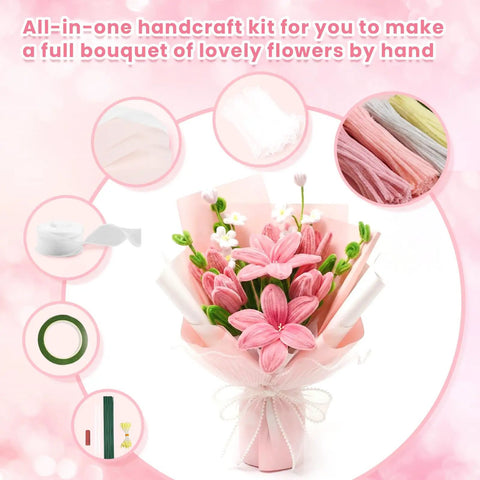 All-Inclusive 600 Piece Pipe Cleaners Craft Kit With 6 Color Chenille Stems, bouquet of pink flowers with accessories shown