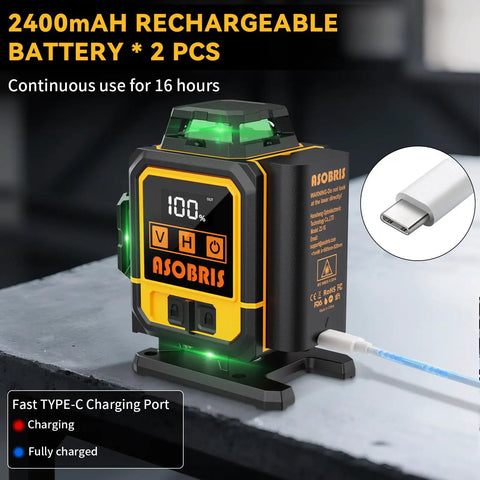 Ultra Precise 4x360 Degrees Self Leveling Laser Level Kit with Tripod, LCD Touch Screen, charging port view